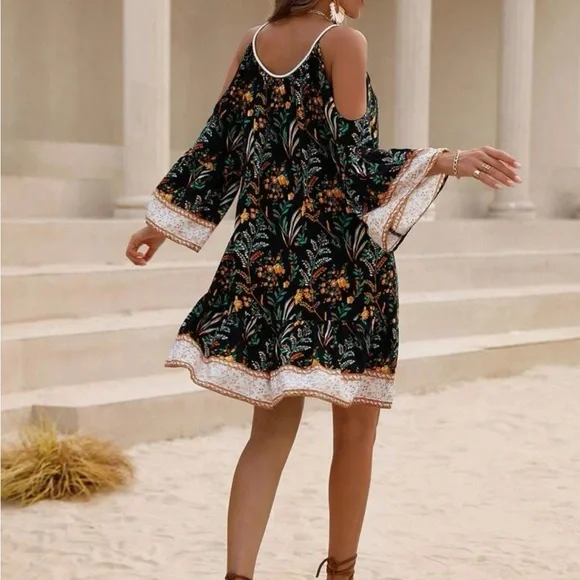 Boho Floral Print Cold Shoulder Flare Sleeve Tassel Tie Dress - Picture 14 of 16